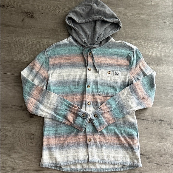 Billabong Gray and Green Hooded Button Down Shirt - Picture 1 of 5